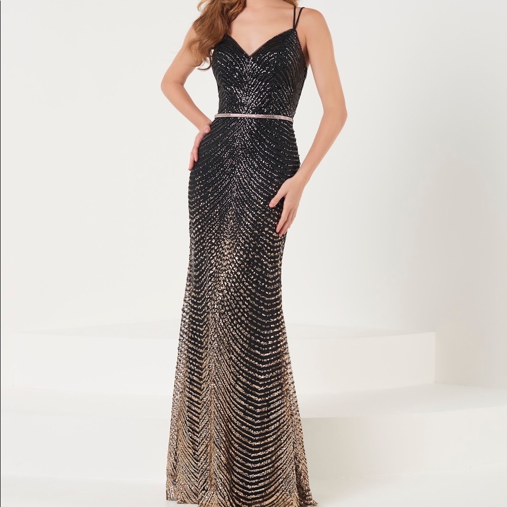 Black and gold prom gown
